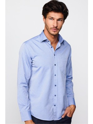Tudors Erkek Regular Fit Klasik Kesim Kravatlık Armürlü İndigo Gömlek