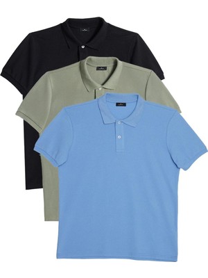 Tudors Erkek 3'lü Paket Siyah-Haki-Açık Mavi Slim Fit Dar Kesim Pamuklu Düz Pike Polo Yaka Tişört