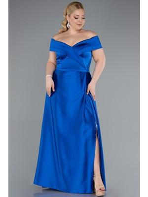 Abiyefon Kayık Yaka Uzun Saten Büyük Beden Abiye ABU2355