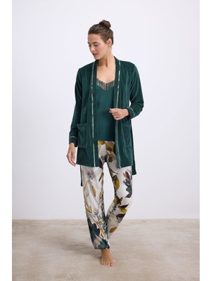 Anıl Kadın Kadife Sabahlık, Dantelli Atlet ve Desenli Pantolon Pijama Takım 11554