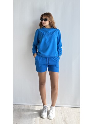 The Fancy Kadın Bisiklet Yaka Uzun Kollu Sweatshirt Bel Lastikli Şort Ikili Takım