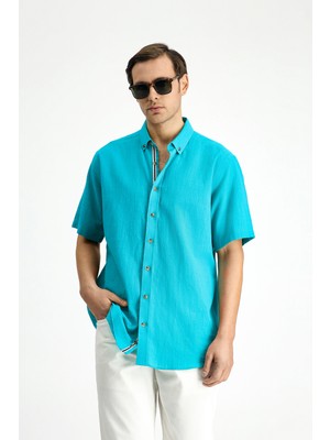 Kiğılı Kısa Kol Regular Fit Düğmeli Yaka Keten Görünümlü Pamuk Spor Gömlek