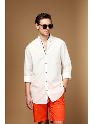 Kiğılı Uzun Kol Regular Fit Düğmeli Yaka Keten Görünümlü Spor Pamuk Gömlek