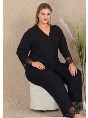 Lady Siyah Renkli 11426 Kadın Uzun Kol Önden Düğmeli Büyük Beden Anne Pijama Takımı