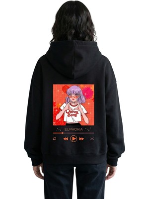 Euphoria Baskılı Siyah Unisex Boxy Fit Hoodie Sweatshirt