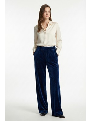 Defy's Kadın Bol Paça Cepli Kadife Oversize Fit Pantolon Lacivert
