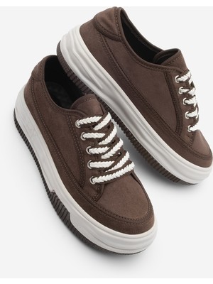 Marjin Kadın Sneaker Yüksek Taban Bağcıklı Bez Spor Ayakkabı Kotnel Kahve Süet