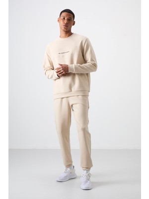 Air Jones Bej Pamuklu Kalın Yumuşak Dokulu Comfort Fit Baskılı Erkek Eşofman Takım - 85253