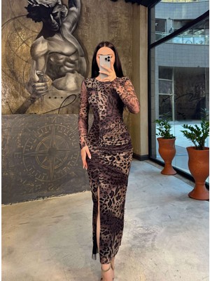 Alisha Uzun Kol Astarlı Esnek Tül Midi Boy Elbise Leopar