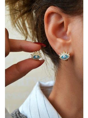 Sacce Scarves & Accessories Kirpikli Mavi Göz Tasarım Küpe – Zirkon Taşlı Nazar Halka Küpe (Çift)