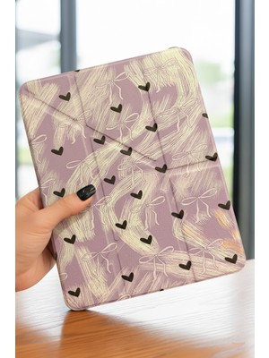 Fibaks iPad 11 A16 2025 10. Nesil 10.9 Kılıf Lila Renkli Beyaz Fiyonk Siyah Kalp Desenli Kalem Bölme Şeffaf Arka Akıllı Kapak