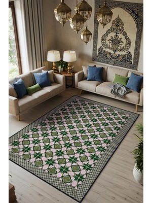 Homshtag Zümrüt Geometrik Halı, Makinede Yıkanabilir Ritmik Desenli Halı, Oturma Odası Halısı