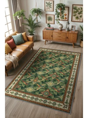 Homshtag Kaz Figürlü Sarmaşık Desenli Oturma Odası Halısı, Yeşil Orman Desenli Klasik Bordürlü Maksimalist Halı