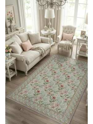 Homshtag Pembe Yeşil Oturma Odası Halısı, Çiçek Desenli Salon Halısı, Ferah Mutfak Halısı, Yıkanabilir Kaymaz Tabanlı Halı