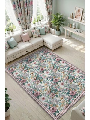Homshtag Bohem Halı, Yıkanabilir Çiçekli Halı, Pastel Oturma Odası Yada Çocuk Odası Halısı