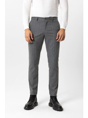 Gri Slim Fit Çizgili Casual Pantolon