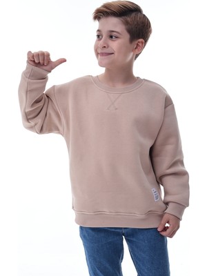 CQCQ Erkek Çocuk Bej Şardonlu Sweatshirt – %100 Pamuk Rahat Kalıp 5-10 Yaş