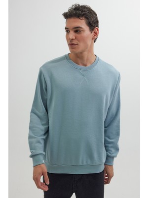 Tudors Unisex Relax Fit Rahat Kesim %100 Pamuk 3 İplik Basic Mavi Bisiklet Yaka Sweatshirt