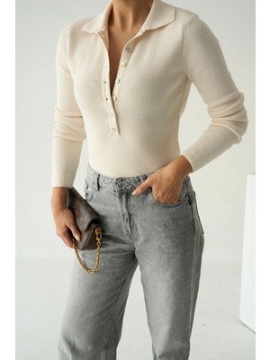 Cemo Polo Yaka Düğmeli Ribana Triko Kazak