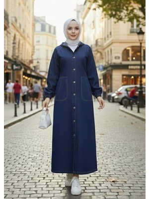 Kadın Düğmeli Kapüşonlu Cepli Kot Lacivert Kap