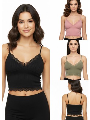 ACTRİS 3'lü Crop Takım Askılı Dantelli Pedli Büstiyer Bluz (Paket Içeriği 1- Haki-Yeşil, 1-Pembe, 1-Siyah)