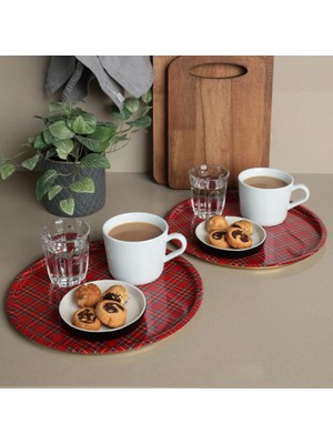 Sarkap Home 24 cm 2'li Yuvarlak Sunumluk Tepsi - Kırmızı Ekose