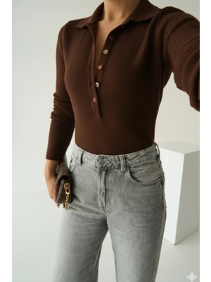 Cemo Polo Yaka Düğmeli Ribana Triko Kazak