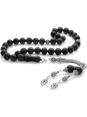 Tesbihname 925 Ayar Gümüş Püsküllü Küre Kesim İri Taneli Erzurum Oltu Taşı Tesbih