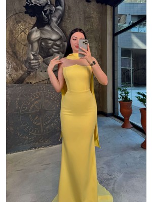 Prima Balık Kesim Şal Aksesuarlı Uzun Boy Abiye Elbise Sarı