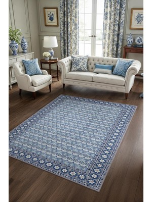 Homshtag Klasik Porselen Desenli Çiçekli Mavi Salon Halısı, Mavi Oturma Odası Halısı, Çini Desenli Yıkanabilir Halı