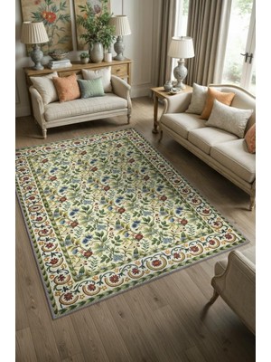Homshtag Bağ Evi Dekoru Tarzı Işlemeli Çiçekli Halı, Antik Desenli Halı, Nostaljik Yıkanabilir Halı