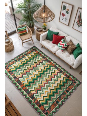 Homshtag Zikzak Desenli Çok Renkli Salon Halısı, Yeşil Kırmızı Sarı Halı, Yıkanabilir Dokuma Pamuk Tabanlı Kaymaz Tabanlı Halı