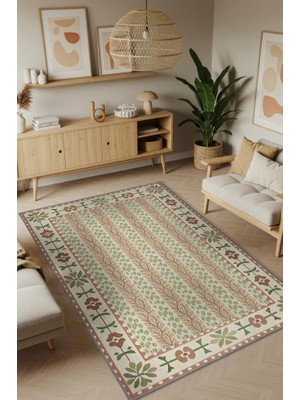 Homshtag Terrakota ve Adaçayı Yeşili Botanik Desenli Geometrik Oturma Odası Halısı, Japon & Iskandinav Oda Dekoru, Japandi Halı