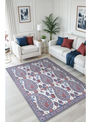 Homshtag Pateh Desenli Şal Motifli Çiçekli Antik Halı, Kırmızı Mavi Iran Halısı, Makinede Yıkanabilir Salon Halısı