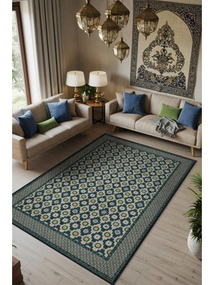 Homshtag Osmanlı Çini Desenli Oturma Odası Halısı, Yeşil Mavi Lacivert Halı, Minimal Ev Dekoru, Yıkanabilir Dokuma Pamuk Tabanlı Halı