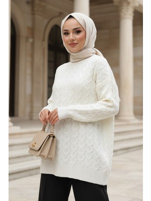 Örgü Detaylı Krem Tesettür Triko Kazak Tunik 8652KR