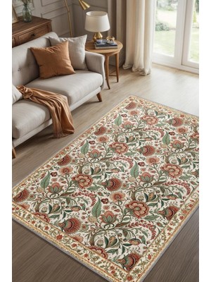 Homshtag Çiçek Desenli Yatak Odası Halısı, Klasik Tarz Yeşil Kırmızı Halı, Vintage Ev Dekoru, Yıkanabilir Dokuma Pamuk Tabanlı Kaymaz Tabanlı Halı