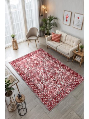 Homshtag Osmanlı Sanatı Desenli Kırmızı Antik Halı, Geleneksel Bordürlü Yıkanabilir Salon Halısı