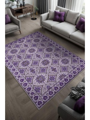 Homshtag Mor Renkli Geomterik Madalyon Desenli Çiçekli Oturma Odası Halısı, Kaymaz Tabanlı Mutfak Halısı