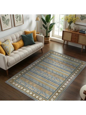 Homshtag Rustik Geometrik Desenli, Çiçek Bordürlü Mavi ve Hardal Renkli Benzersiz Salon Halısı, Yıkanabilir Bohem Oturma Odası Halısı