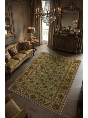 Homshtag Vintage Salon Halısı, Zeytin Yeşili Halı, Maksimalist Klasik Ev Dekoru Için Yıkanabilir Halı