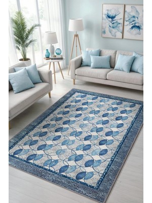 Homshtag Modern Tarz Okyanus Temalı Geometrik Desenli Salon Halısı, Mavi Halı, Minimal Ev Dekoru, Yıkanabilir Halı