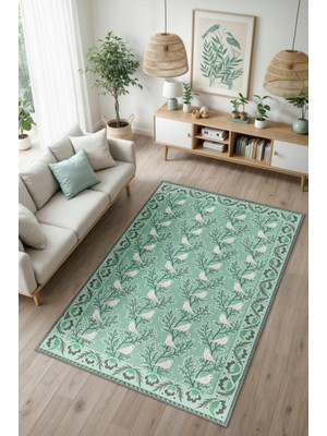 Homshtag Oturma Odası Halısı, Kuş ve Ağaç Desenli Yeşil Halı, Maksimalist Ev Dekoru, Yıkanabilir Çocuk Odası Halısı