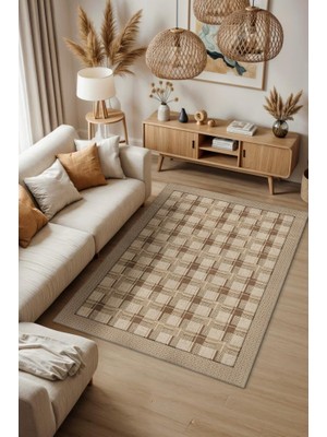 Homshtag Ekose Desenli Hasır Renkli Oturma Odası Halısı, Iskoç Etnik Desenli Salon Halısı, Fındık Renkli Yıkanabilir Kareli Halı