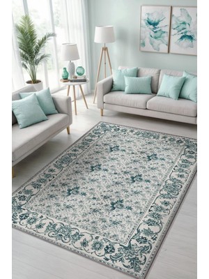 Homshtag Ince Çiçek Işlemesi Detaylı Mint Yeşili Salon Halısı, Geleneksel Bordürlü Yıkanabilir Yatak Odası Halısı