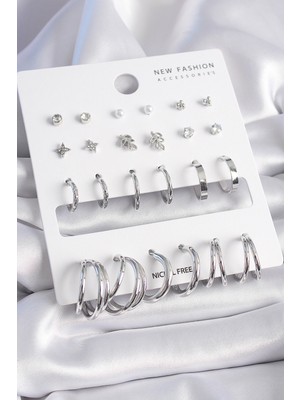 Mustran Pirinç Gümüş Renk Zirkon Taşlı 12 Çift Küpe Seti