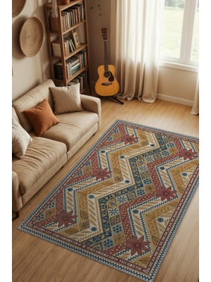 Homshtag Çiçekli Mozaik Desenli Canlı Renkli Vintage Salon Halısı, Modern Yorumlu Rustik Halı