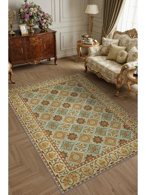 Homshtag Yıkanabilir Dokuma Pamuk Tabanlı Kaymaz Tabanlı Salon Halısı, Yeşil ve Koyu Sarı Renkli Mozaik Desenli Halı