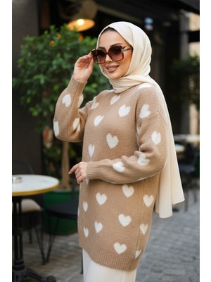 Neva Style Kalp Desenli Camel Tesettür Triko Kazak Tunik 8688C