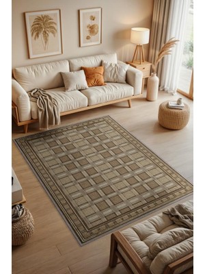 Homshtag Damalı Ceviz Rengi Oturma Odası Halısı, Kareli Kahverengi Salon Halısı, Minimalist Yatak Odası Halısı